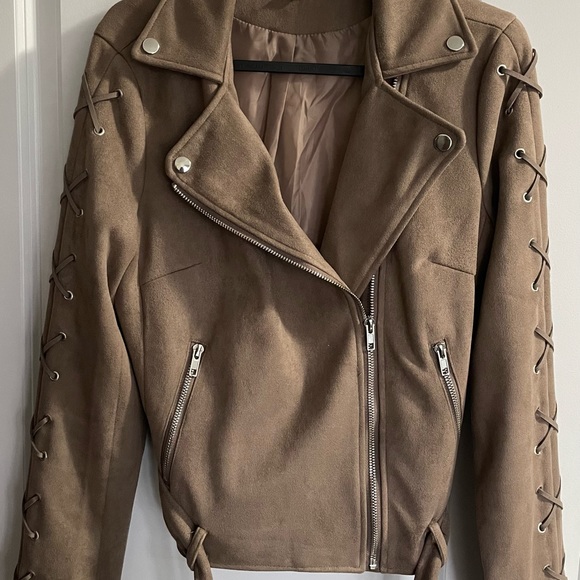 Beige Faux Suede Biker Jacket - Picture 11 of 12